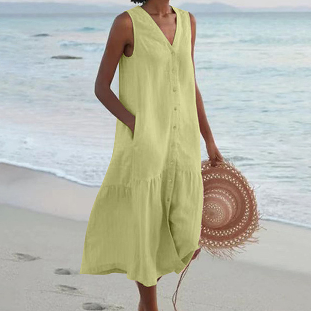 Stylish women's summer midi dress, V-neck, sleeveless, ruffle hem, button front, ideal for everyday & vacation.