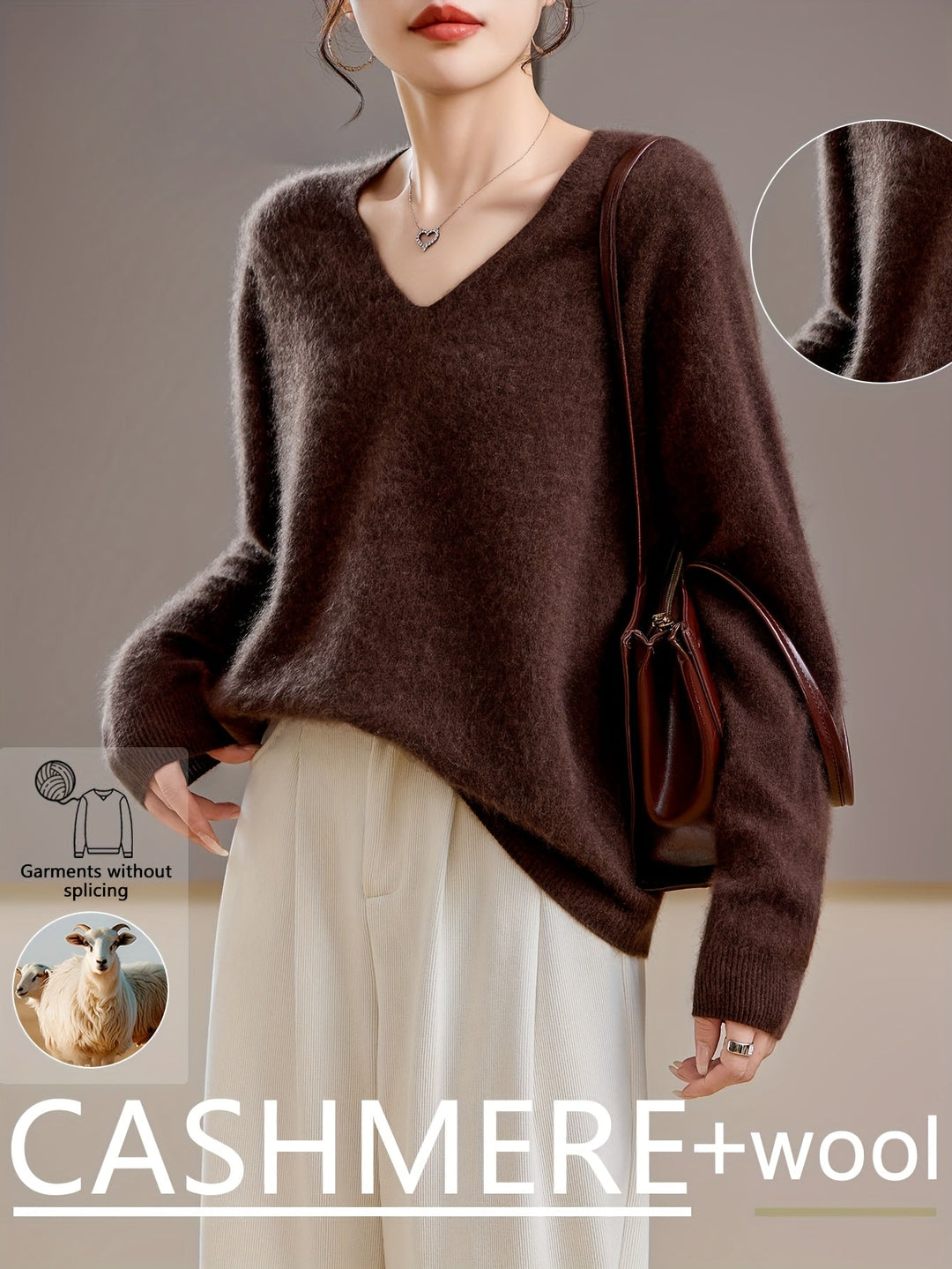 Women's v-neck sweater, oversized fit, long sleeve for relaxed style and autumn fashion.