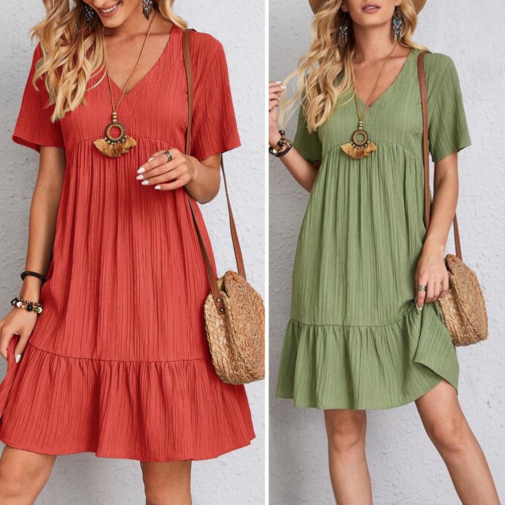Women's V-neck tiered mini dress, perfect for casual everyday wear.