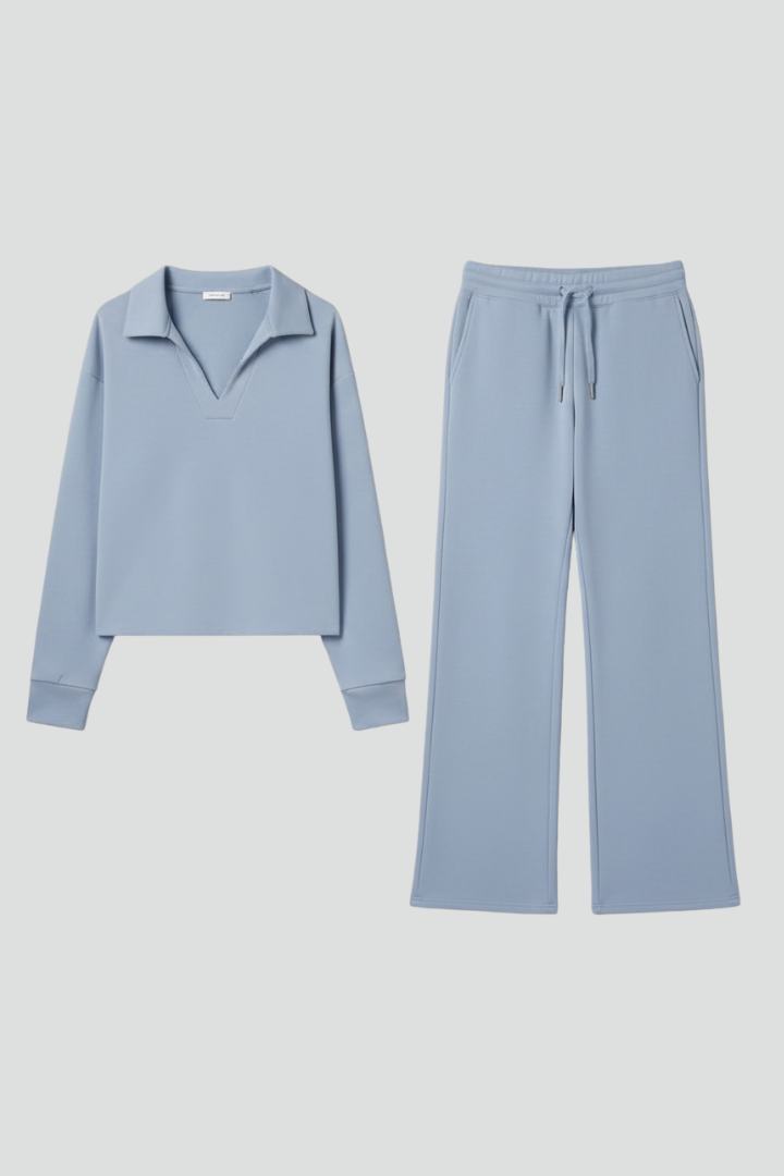 Women's V-neck two-piece set with wide-leg trousers, offering comfort and a casual chic style.