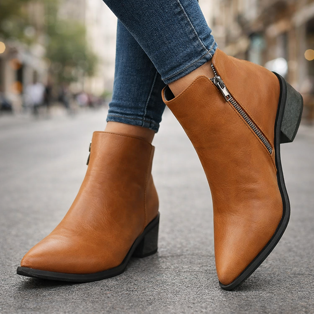 Women's Verona Chic black leather ankle boots with pointed toe and comfortable block heel.