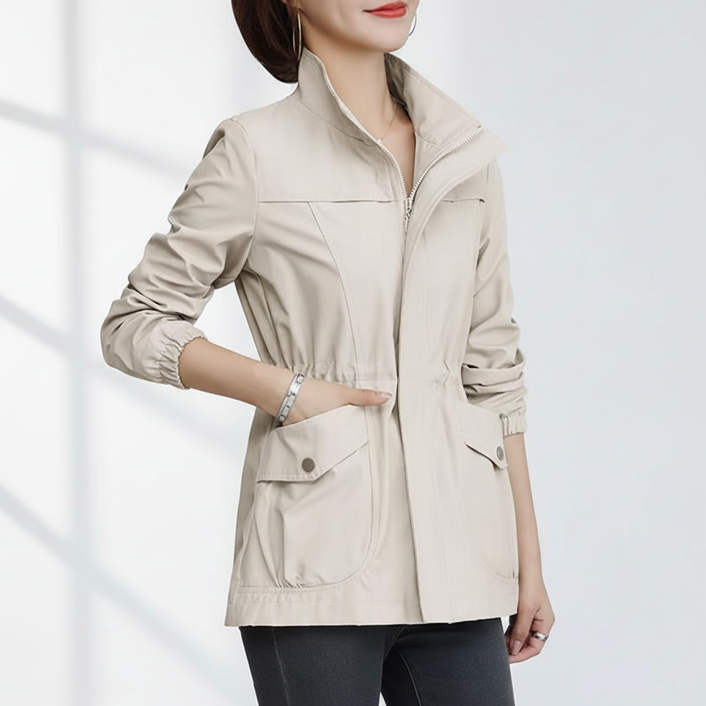 Stylish women's light jacket featuring a delicate flora pattern, ideal for spring & autumn transitions.