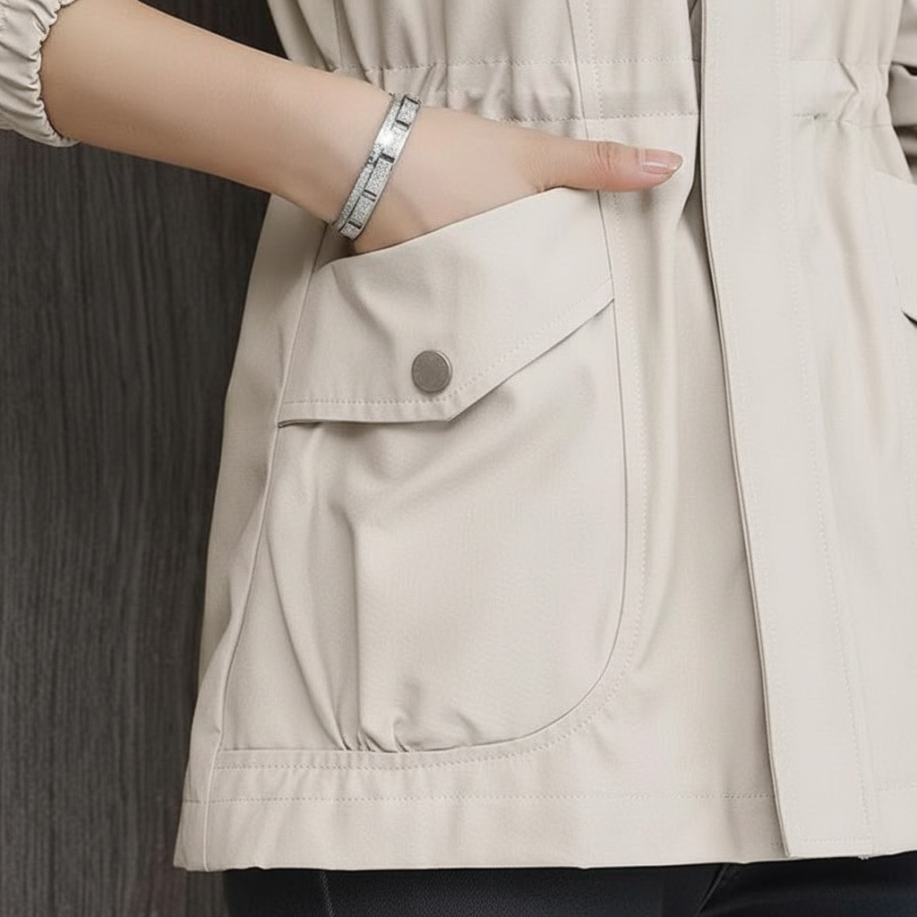 Chic women's transitional jacket with a stand collar and elegant flora design for versatile everyday wear.