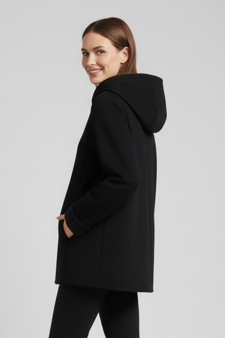 Stylish long-sleeve hooded zip jacket for women, featuring convenient pockets and comfortable design.