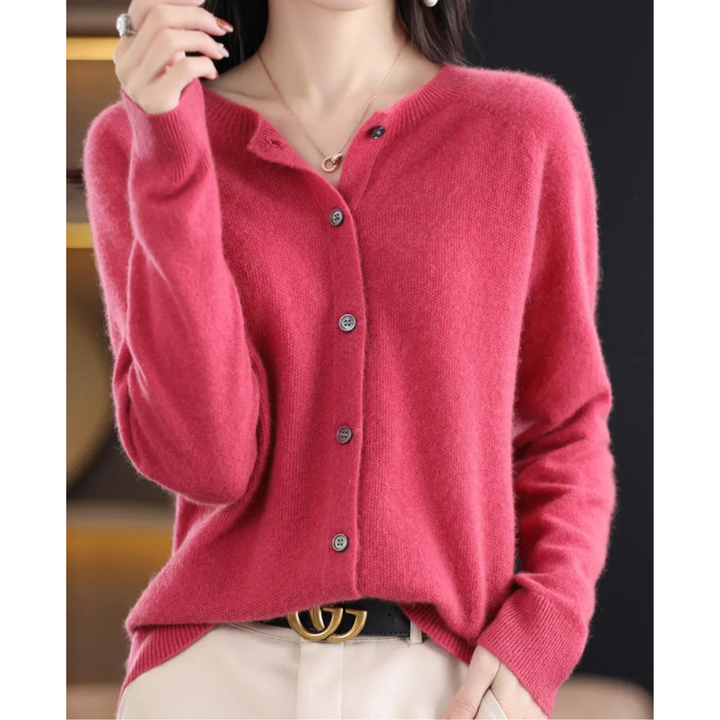 Women's versatile O-neck button-front cardigan. Comfortable long sleeve knit for office, casual & layering.