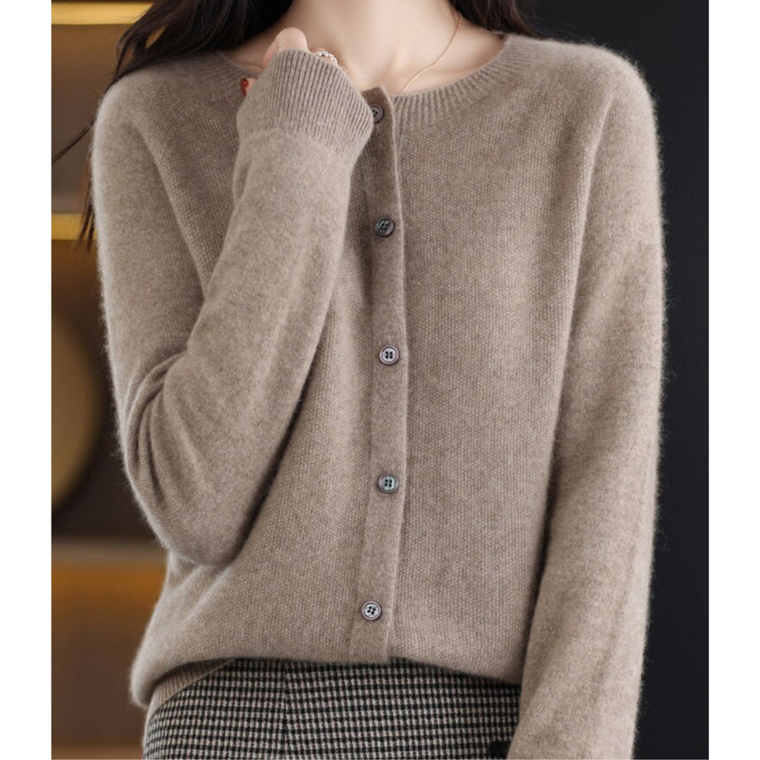 Sophisticated women's O-neck button-front knit cardigan, perfect for layering in the office.