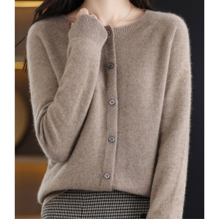 Sophisticated women's O-neck button-front knit cardigan, perfect for layering in the office.