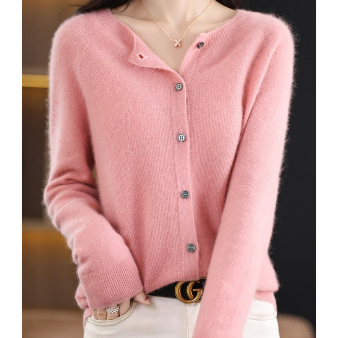 Stylish women's black O-neck knit cardigan with button front, perfect for office or weekend wear.