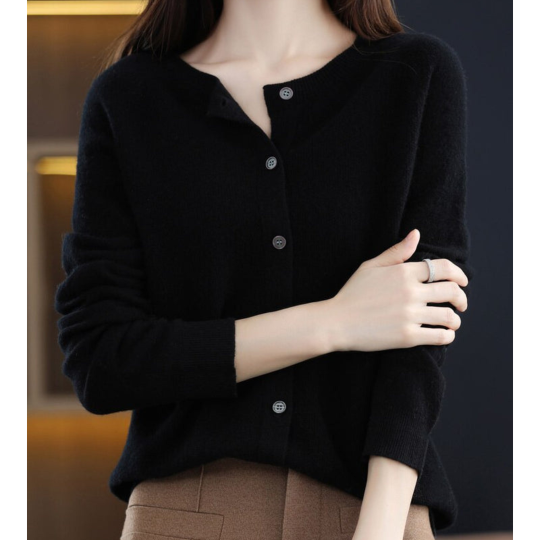 Grey women's versatile O-neck cardigan with button front. Essential long sleeve knit for smart casual.