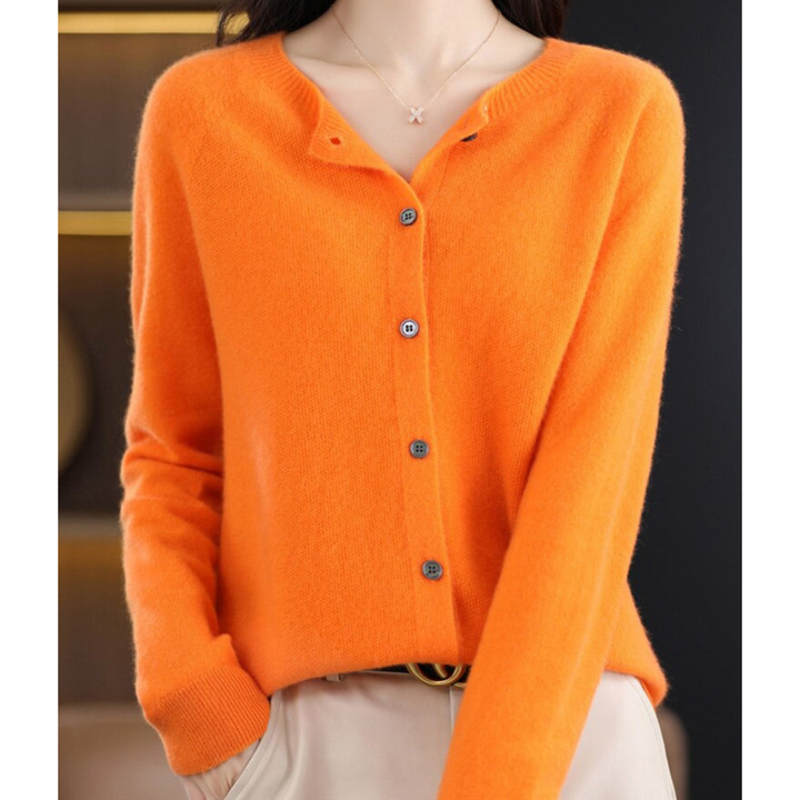 Women's elegant button-front O-neck cardigan. A versatile long sleeve knit for chic layering outfits.