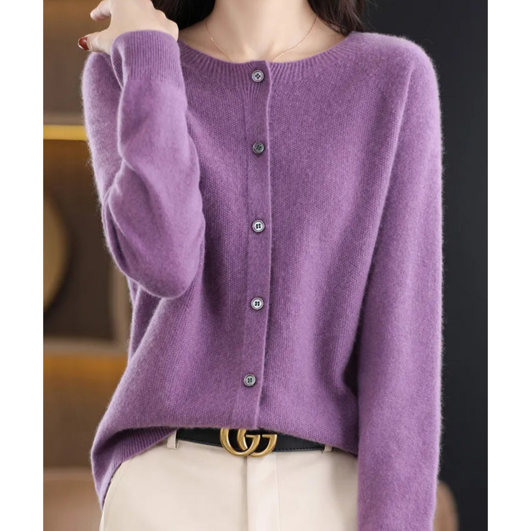 Comfortable women's O-neck cardigan with buttons. Soft knit long sleeve ideal for everyday casual wear.