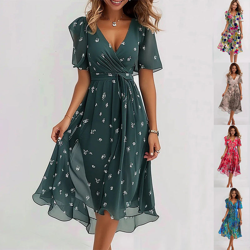 Eye-catching vibrant abstract print midi dress, versatile for day or party wear.