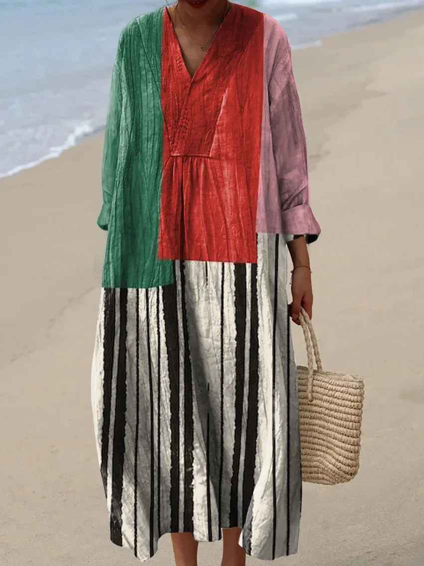 Colorful patchwork print maxi dress for women. Long sleeve V-neck design, perfect for elegant casual summer fashion.