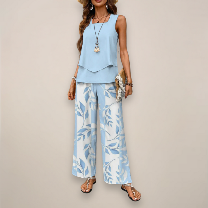 Women's vibrant printed wide-leg two-piece set, perfect for a comfortable and stylish spring casual outfit.