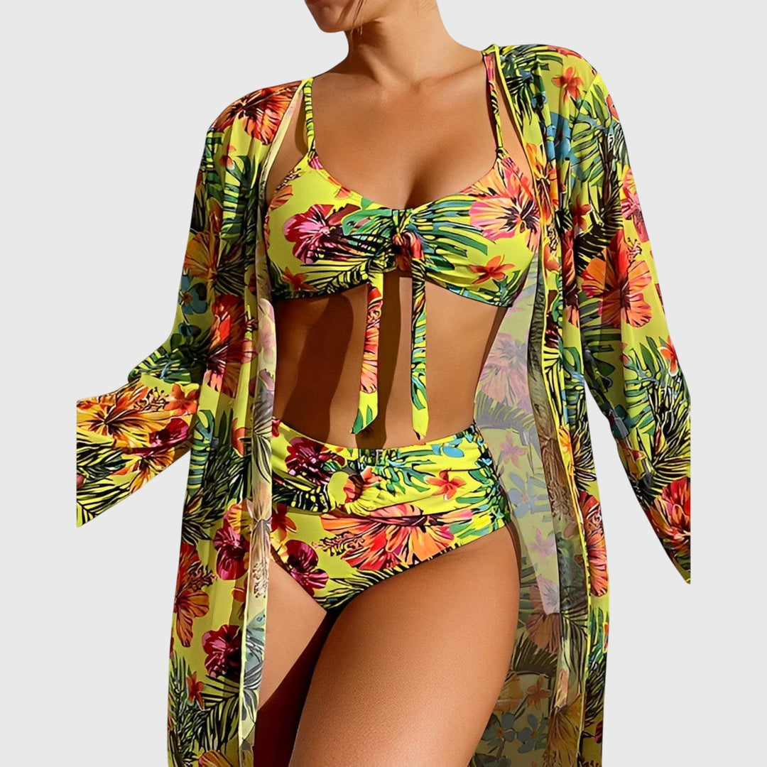 Women's vibrant tropical print two-piece bikini swimsuit. Perfect for summer beach, pool, or vacation.