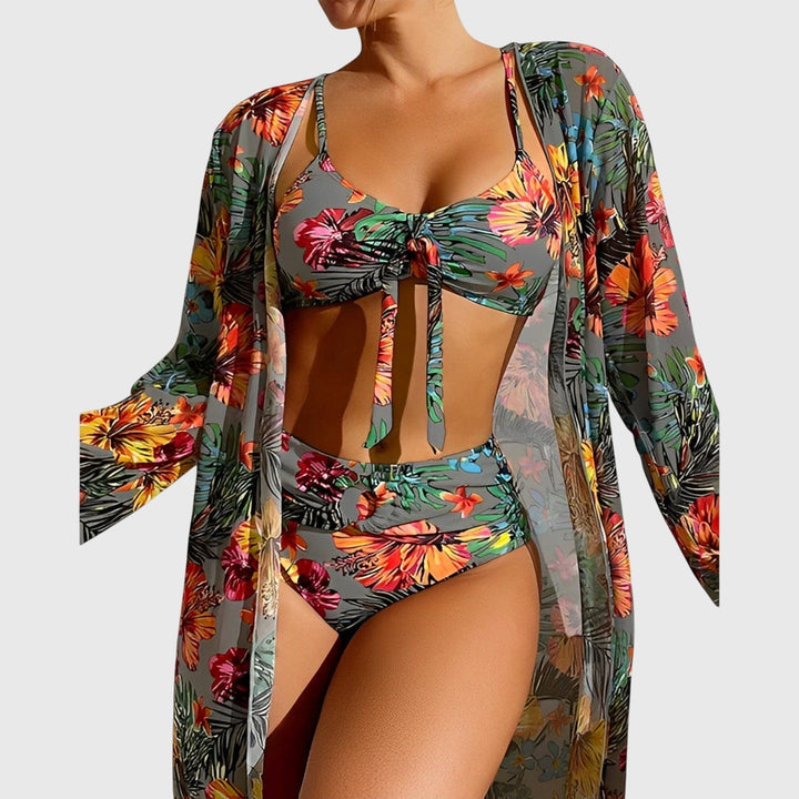 Flattering ladies' tropical floral print bikini swimwear set. Ideal beachwear for summer vacations & poolside.