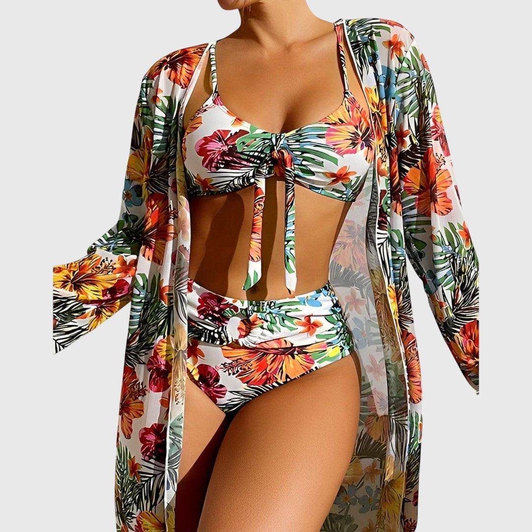 Two-piece women's swimsuit featuring a vibrant tropical print. Stylish bikini for beach, pool, or summer holiday.