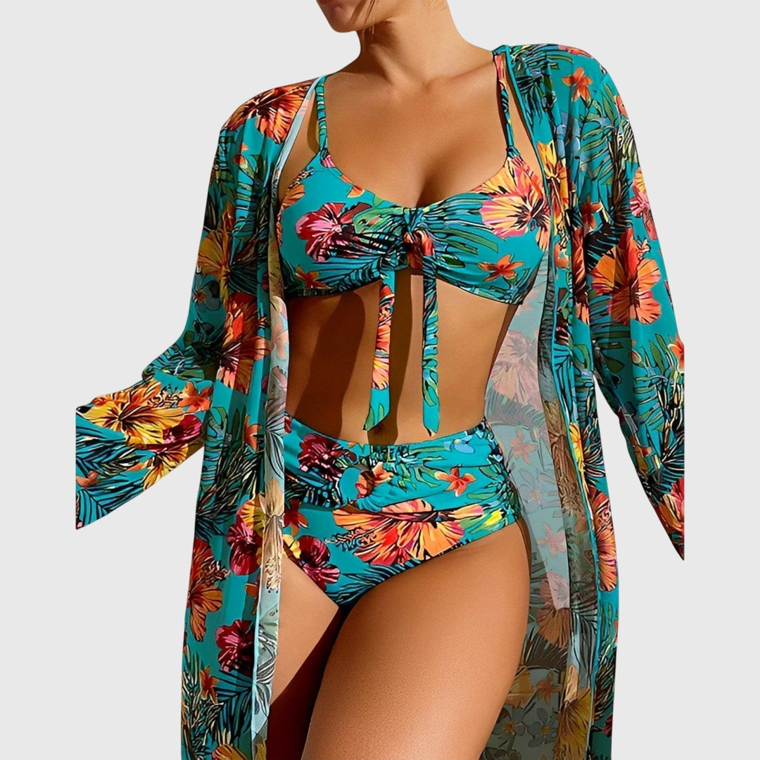 Tropical print women's bikini. Flattering two-piece swimsuit set for summer beachwear, vacation, and poolside.