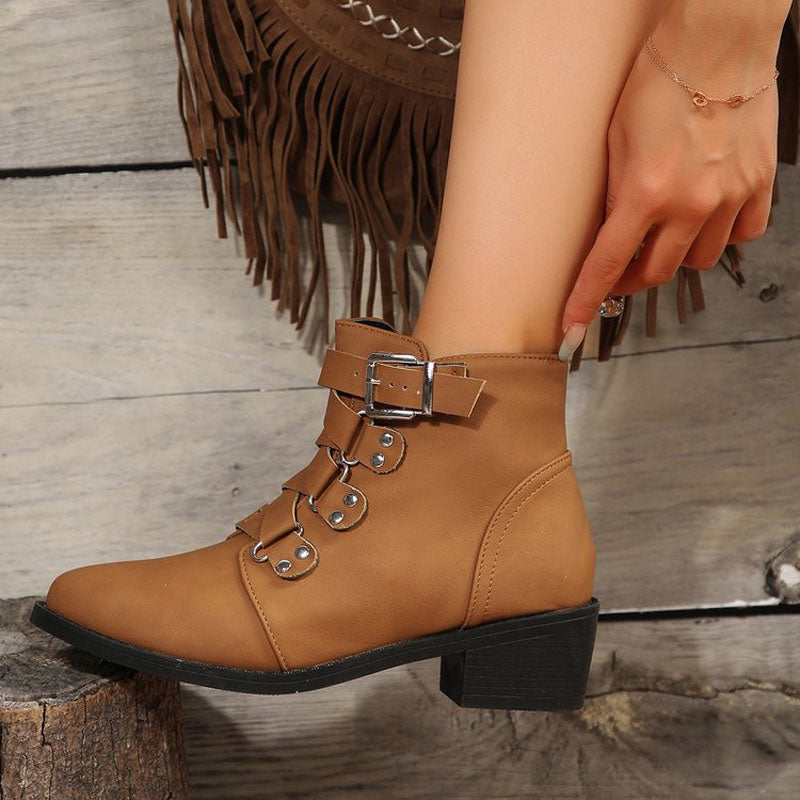 Women's vintage block heel ankle boots, showcasing side view. Chic & versatile footwear.