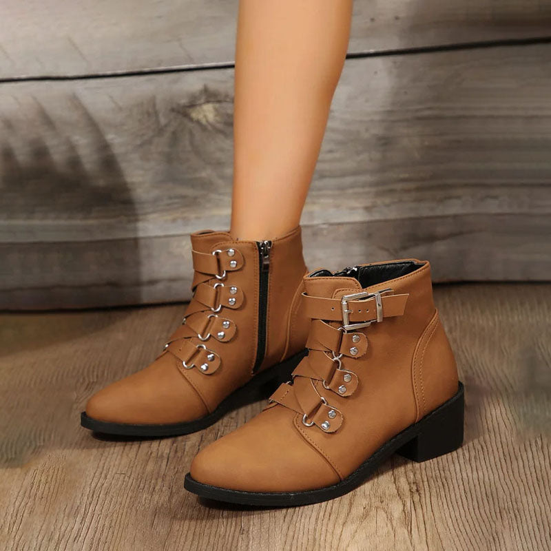 Comfortable brown women's block heel ankle boots, perfect for autumn fashion.