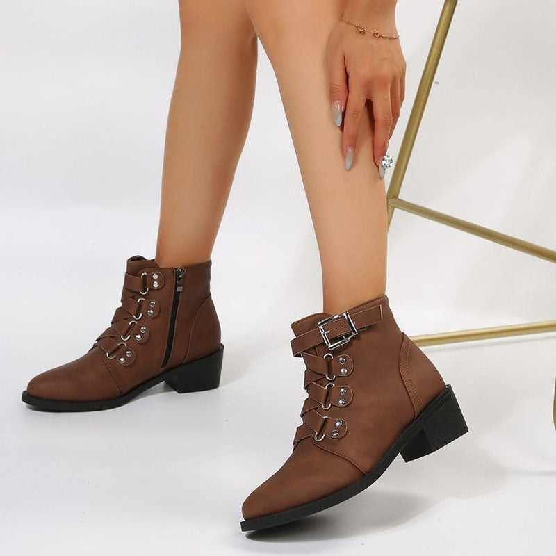 Black women's ankle boots with a stylish vintage block heel. Comfortable fashion footwear.