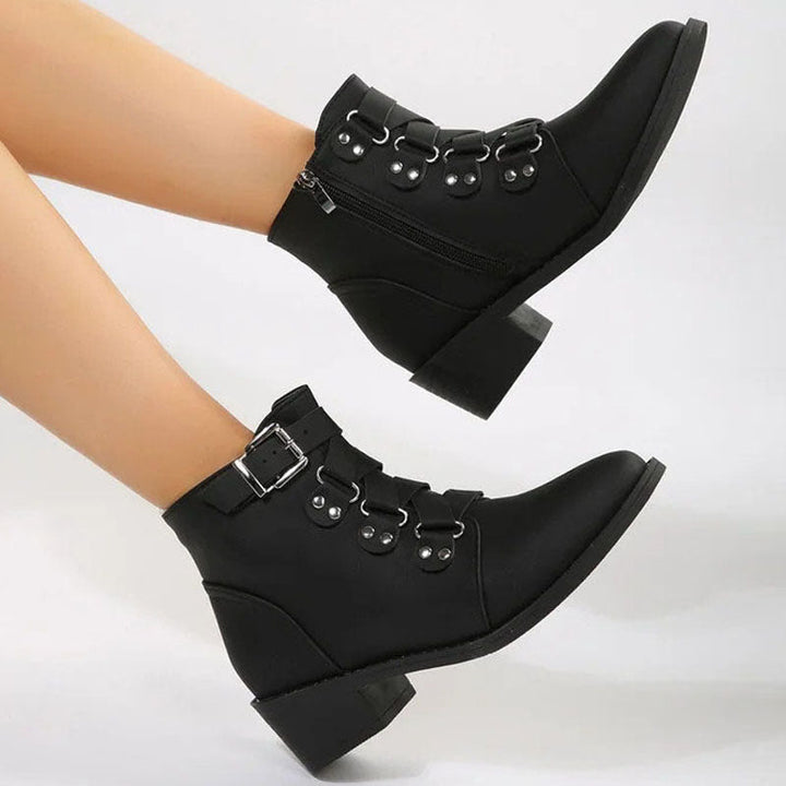 Classic brown women's block heel ankle boots. Vintage style, comfortable for daily wear.
