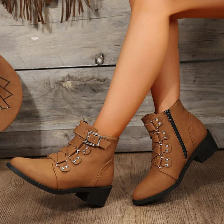 Everyday women's vintage style ankle boots with a durable block heel. Brown color.