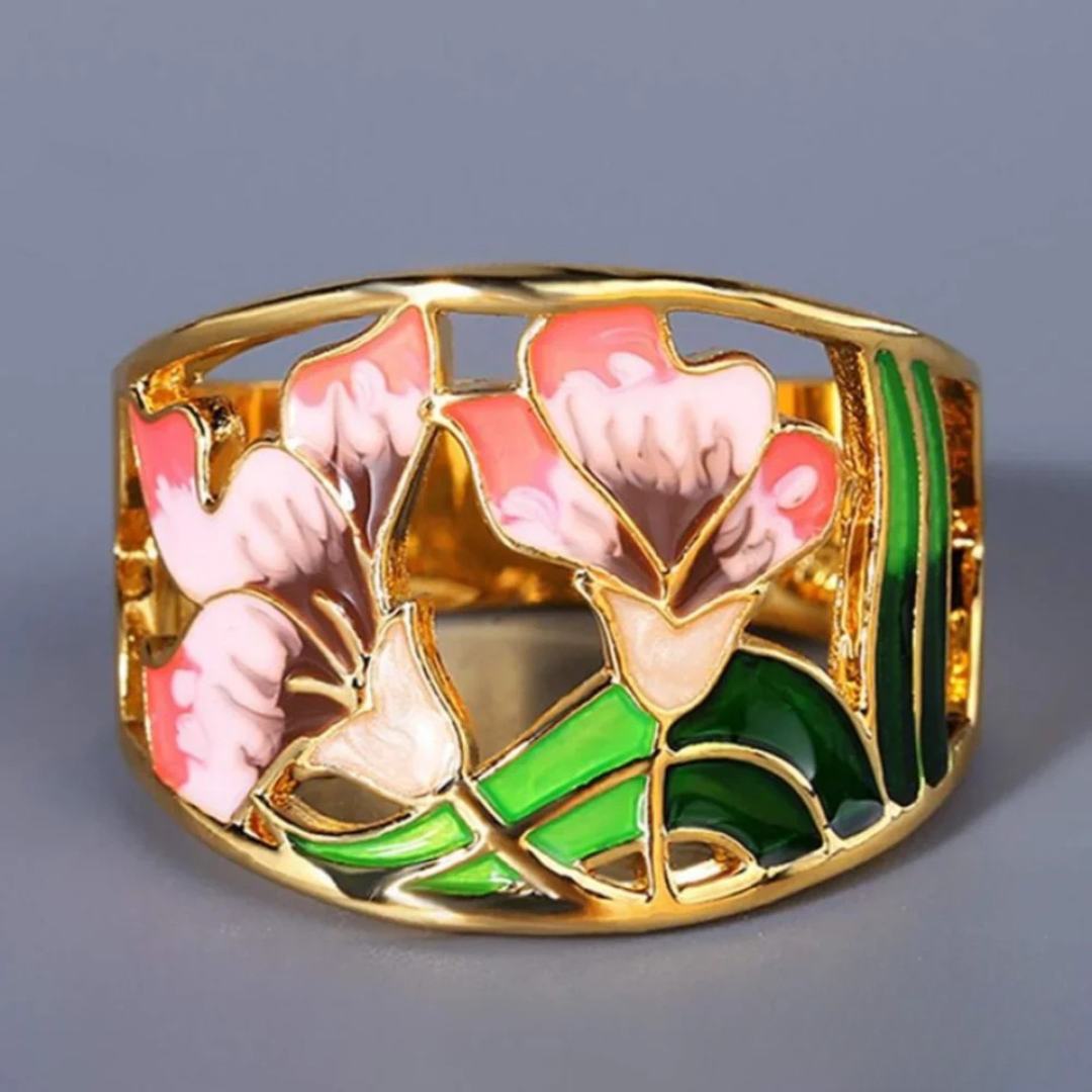 Women's vintage floral gold enamel ring with delicate design, an elegant fashion jewelry statement ring for her.