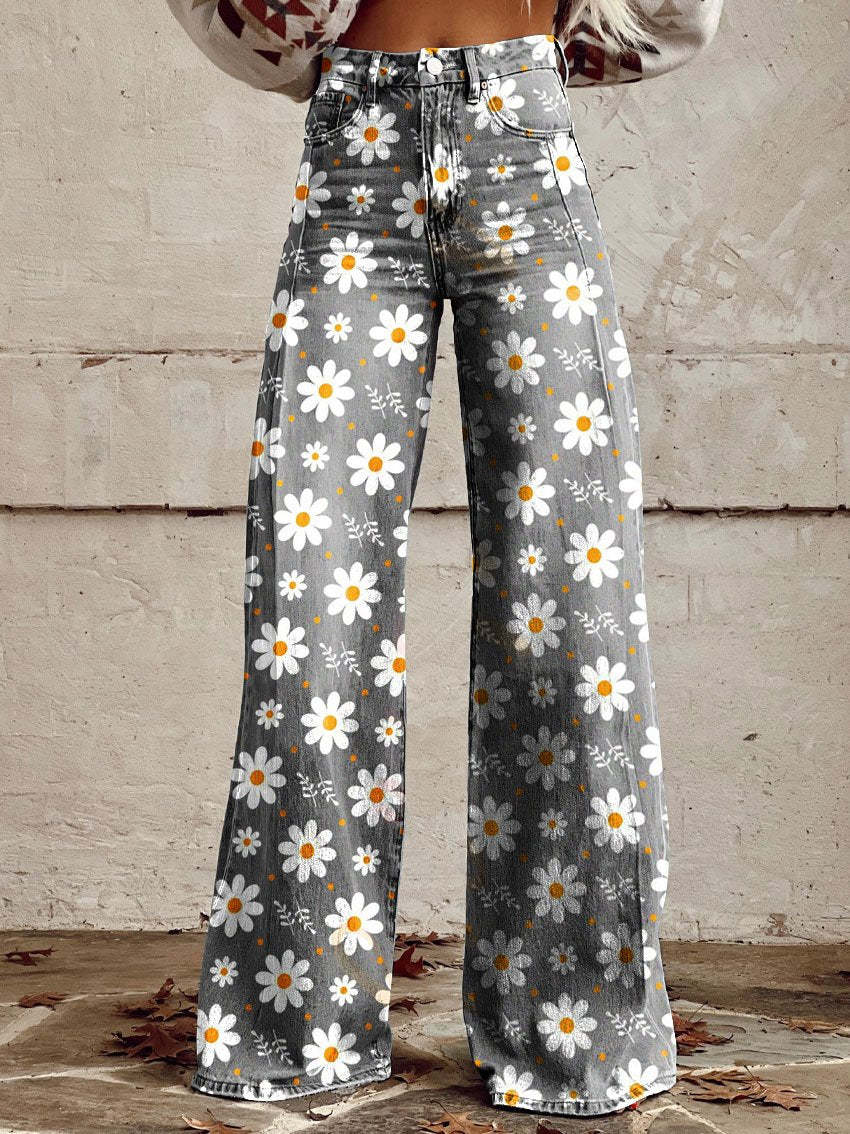 Women's vintage floral wide-leg pants, high-rise, relaxed fit for effortless style & comfort.