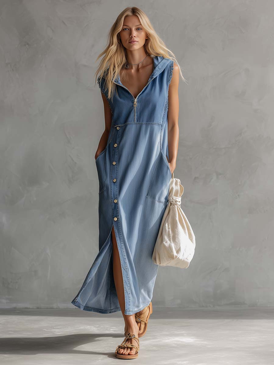 Model wearing a women's vintage hooded blue v-neck midi dress, showcasing its elegant sleeveless design and side slit.