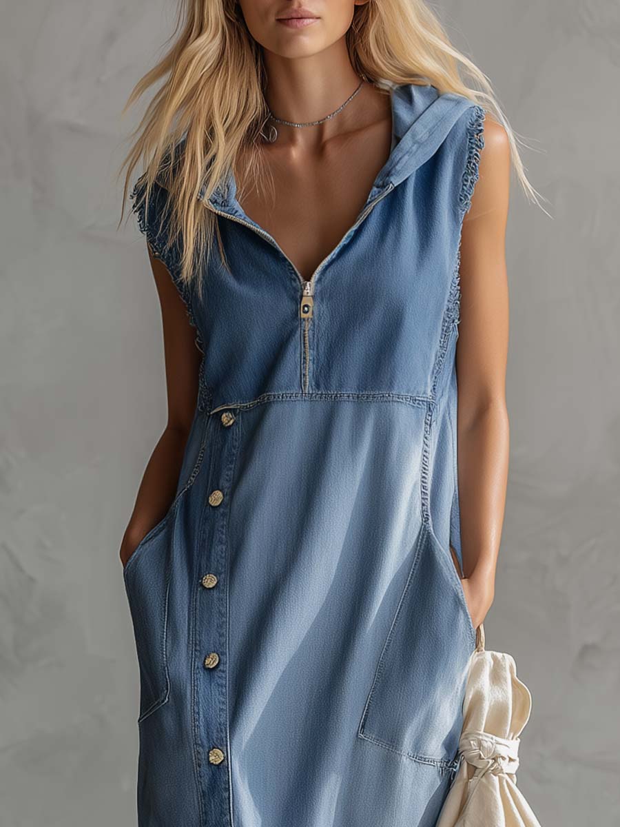 Back view of a women's vintage blue hooded midi dress, highlighting the flowy skirt and casual v-neck style.