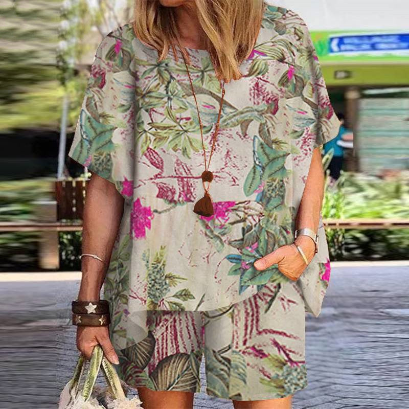 Women's vintage printed cotton linen suit in khaki, a stylish two-piece casual summer outfit