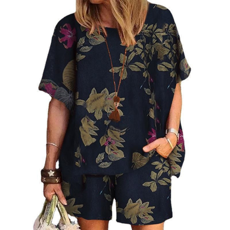 Women's printed two-piece linen suit in a lovely khaki, combining vintage style and comfort