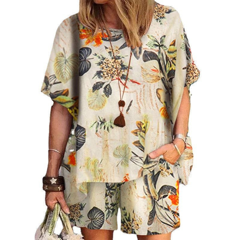 Fashionable women's cotton linen suit with a unique vintage print, perfect for summer casual wear