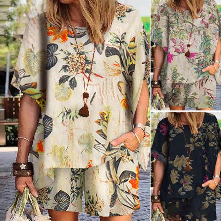 Back view of a women's printed linen suit showing the relaxed fit, great for summer outfits