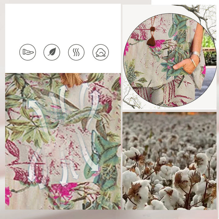 Stylish women's khaki linen suit featuring a vintage print, suitable for beach and casual wear