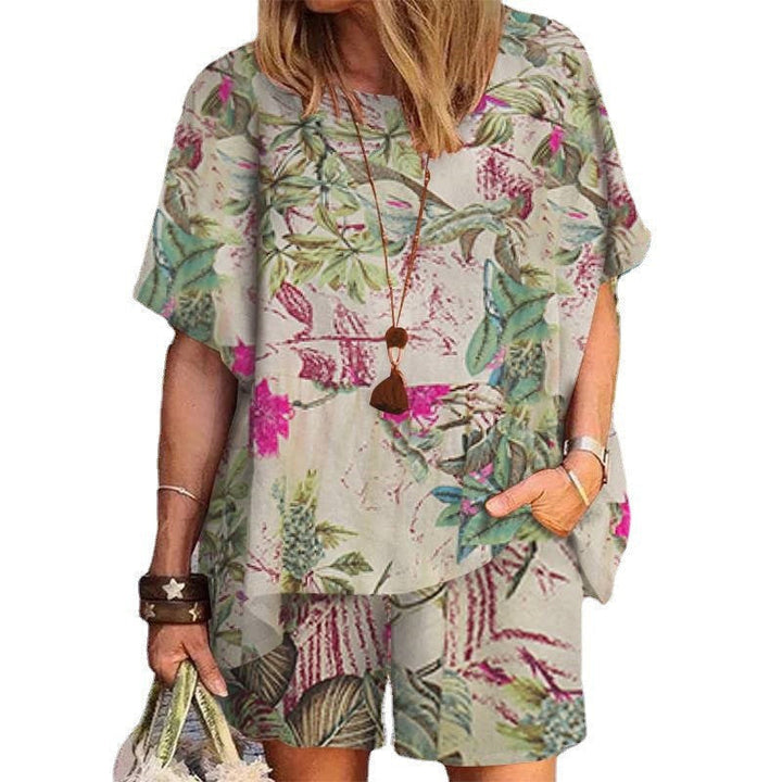 Side profile of a woman wearing a comfortable cotton linen suit with a chic vintage print