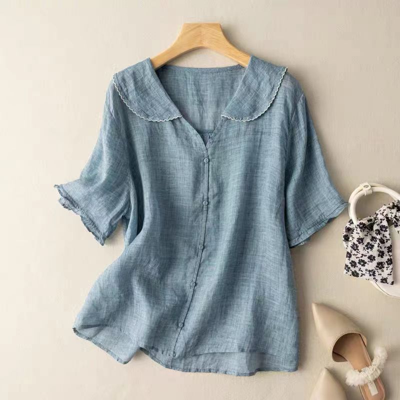 Blue women's vintage scalloped collar blouse, button-down. A modern classic elegant top for any occasion.
