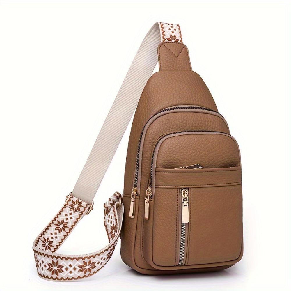 Khaki vintage style leather chest crossbody bag, women's retro accessory.