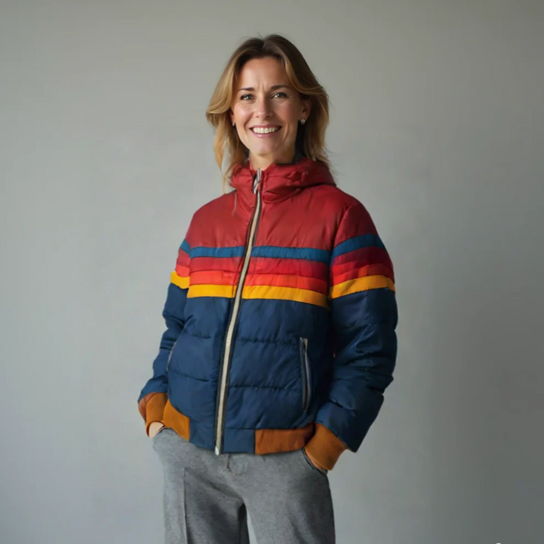 Women's vintage zip-up jacket with vibrant rainbow stripes. Retro casual outerwear, perfect for spring & fall.