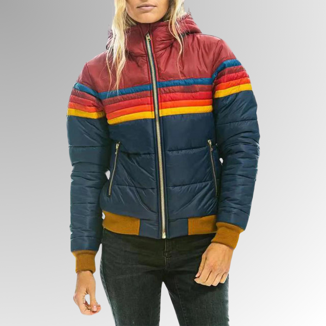 Stylish women's zip-up jacket in vintage style, featuring colorful rainbow stripes. Comfortable retro fashion.