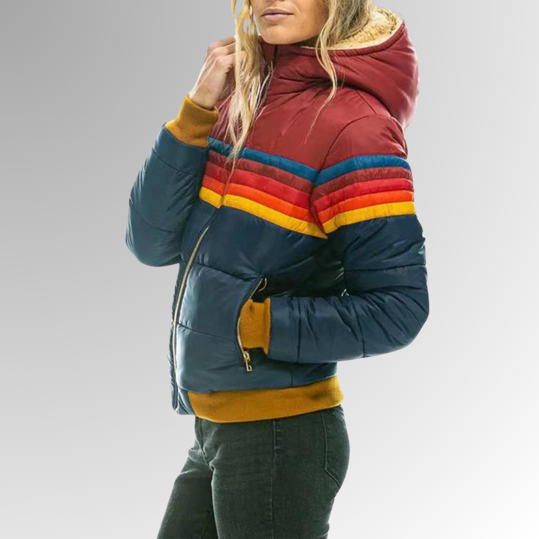 Fashionable women's vintage zip-up jacket. Eye-catching rainbow stripes make it a stylish layer for any season.