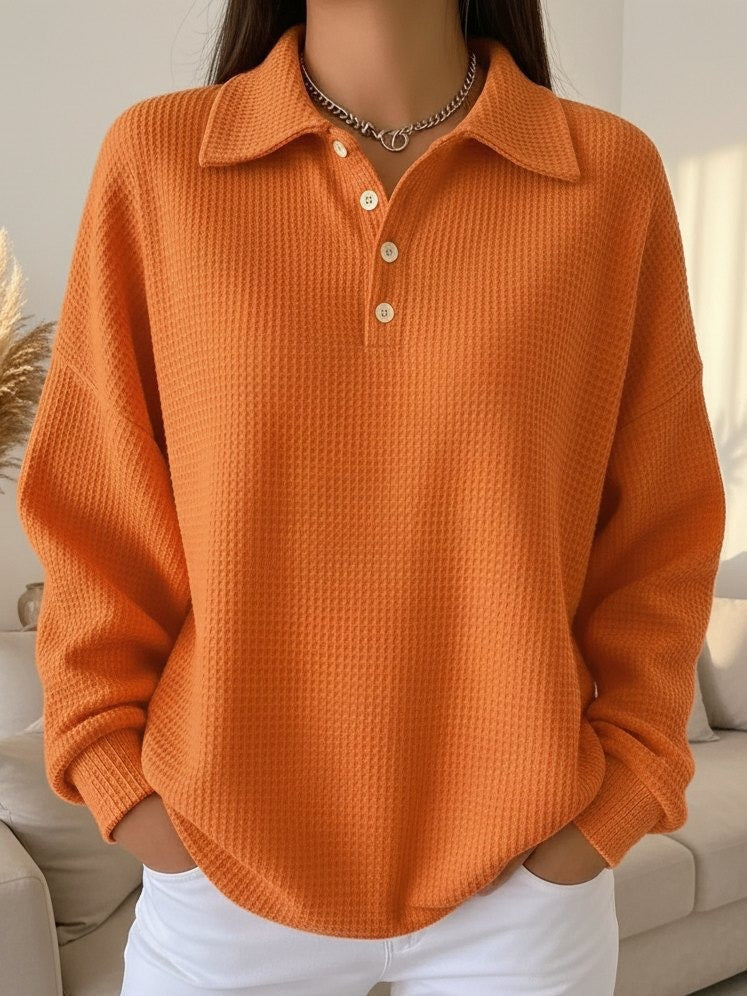 Women's waffle knit collared henley sweater. Cozy, relaxed fit for casual autumn fashion & everyday comfort.