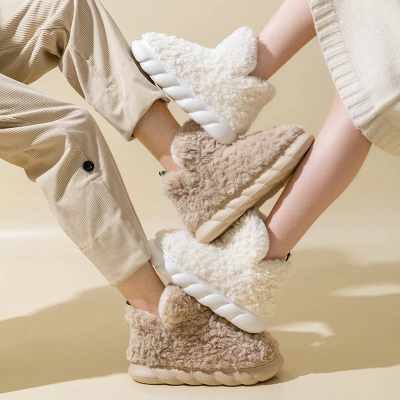 CozySteps women's plush-lined slippers. Soft cotton warm footwear for comfortable autumn & winter home lounging.