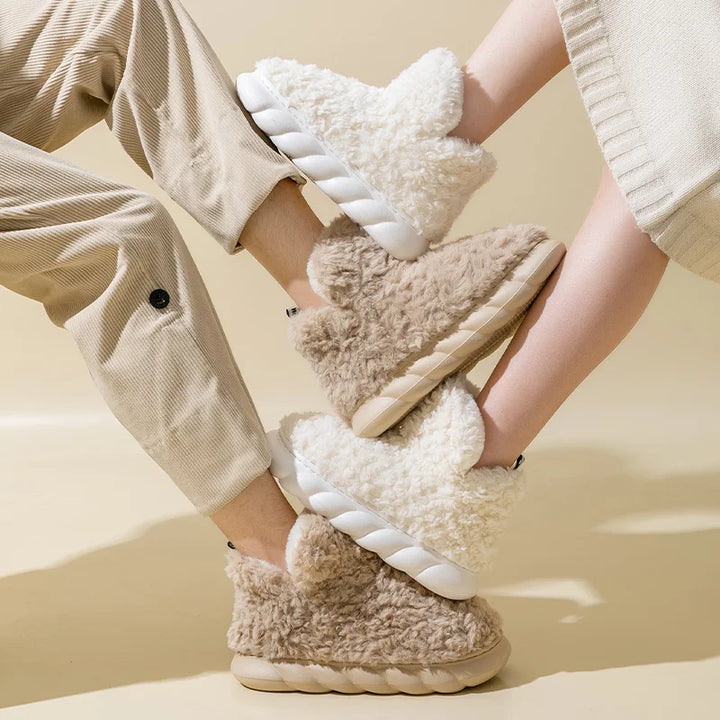 CozySteps women's plush-lined slippers. Soft cotton warm footwear for comfortable autumn & winter home lounging.