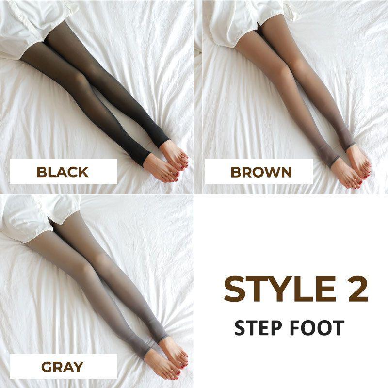 Styled shot of women's fleece-lined translucent tights providing warmth under a winter dress.