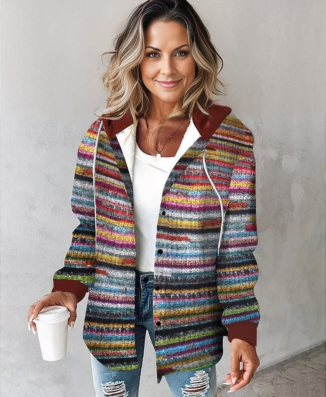 Women's warm hooded cardigan. Cozy knit outerwear for autumn/winter layering, featuring a stylish button-front design.