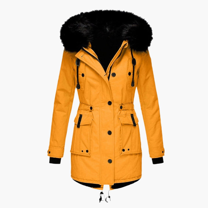 Women's warm hooded winter coat, black, with faux fur trim, zipper closure, for cold weather.