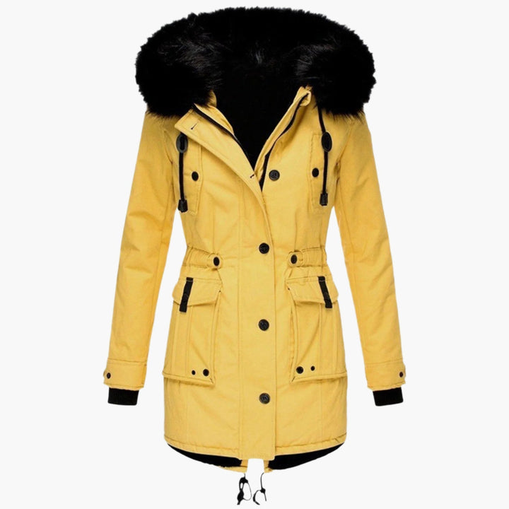 Woman modeling a stylish warm hooded winter coat, perfect for casual winter fashion, full length.