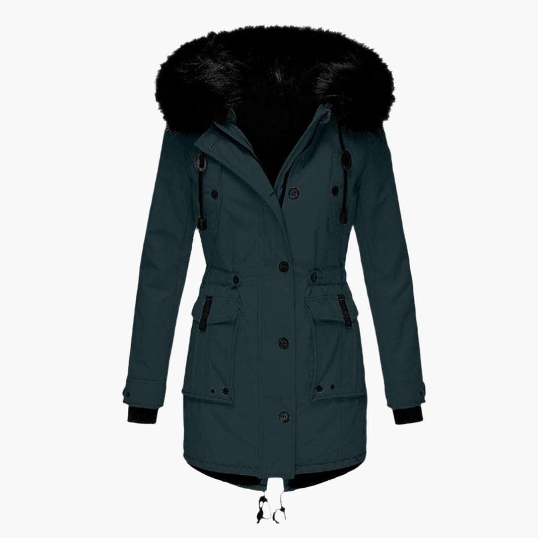 Detail of the zipper and pockets on a women's warm hooded winter coat, functional winter jacket.